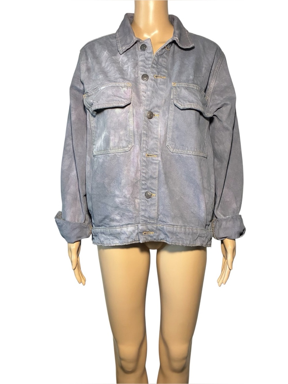 Zara Men's Repurposed Denim Jean Jacket M Gray Distressed Button Down Pockets